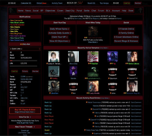 Reign Of Blood Vampire Game screenshot showing the welcome screen and online vampires