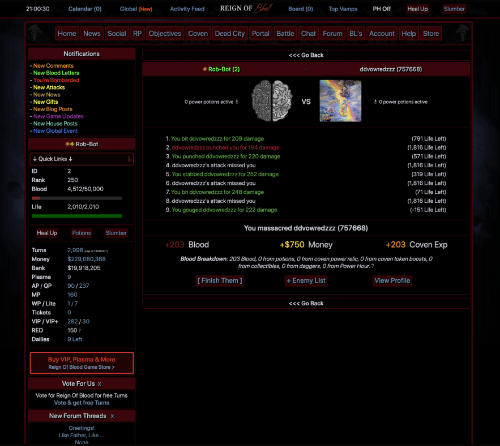 Reign Of Blood Vampire Game screenshot showing a vampire battle